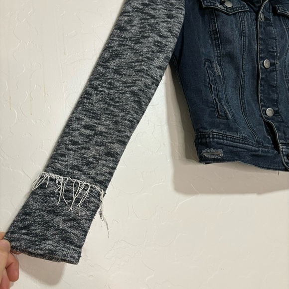 Free People Distressed Denim Jean Knit Sweatshirt Hoodie Jacket size XS - Picture 3 of 13